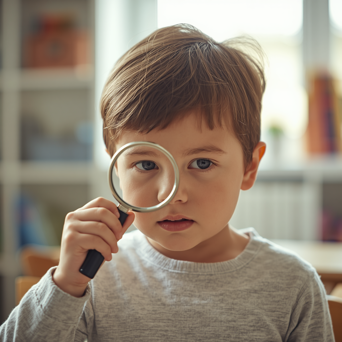 urious young child intently examining a magnifying glass with focused concentration and wonder in a bright classroom