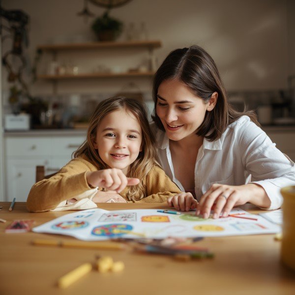 Parent and 7-year-old child working together on a bravery chart at a kitchen table in a bright warm setting