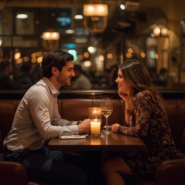 Couple leaning toward each other smiling on a candlelit date night at a small intimate restaurant table