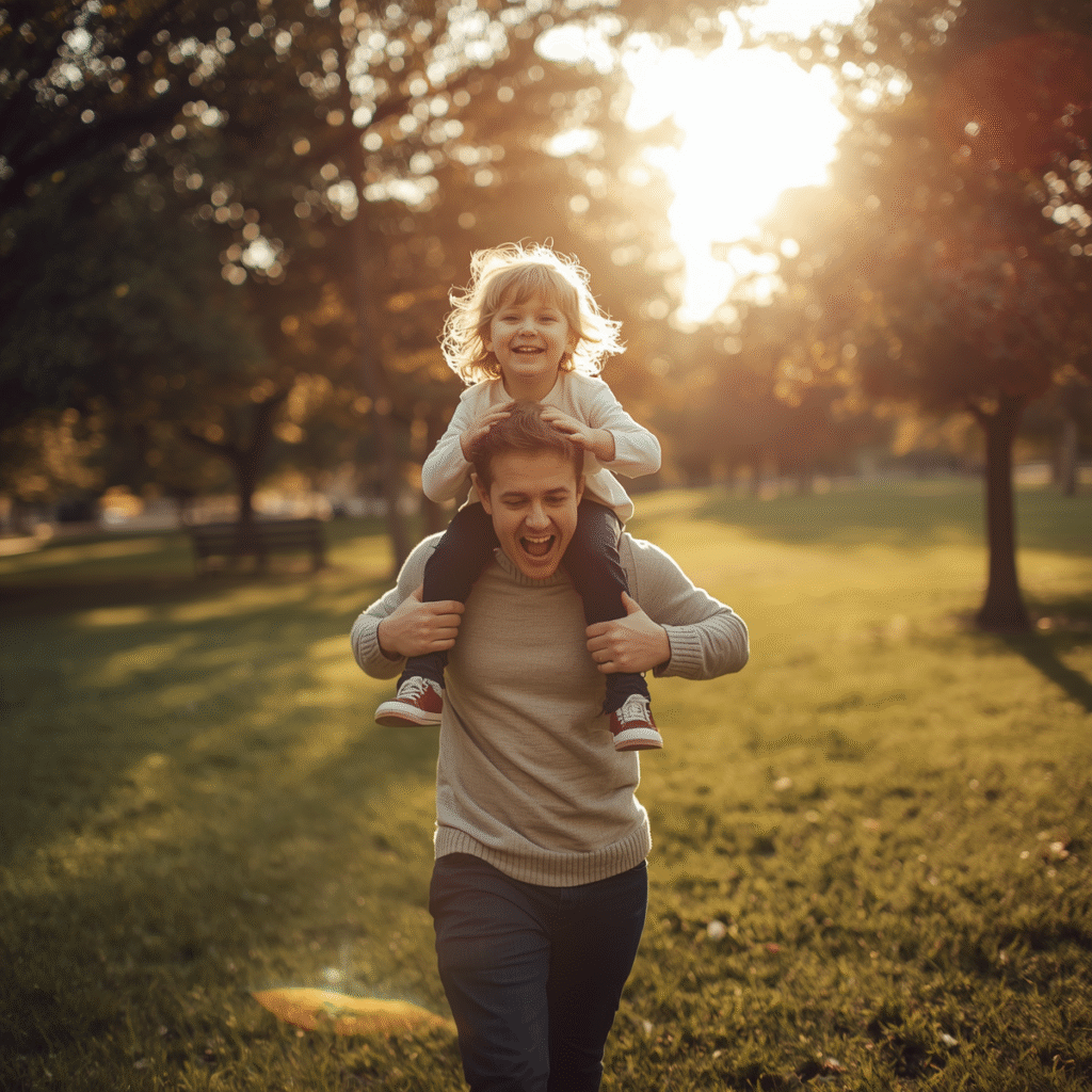 Parent carrying a laughing child on their shoulders while walking through a sunny park with golden light and green trees