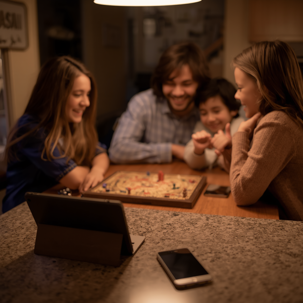 Family of four laughing and playing a board game at the kitchen table with devices face-down on the counter in the background
