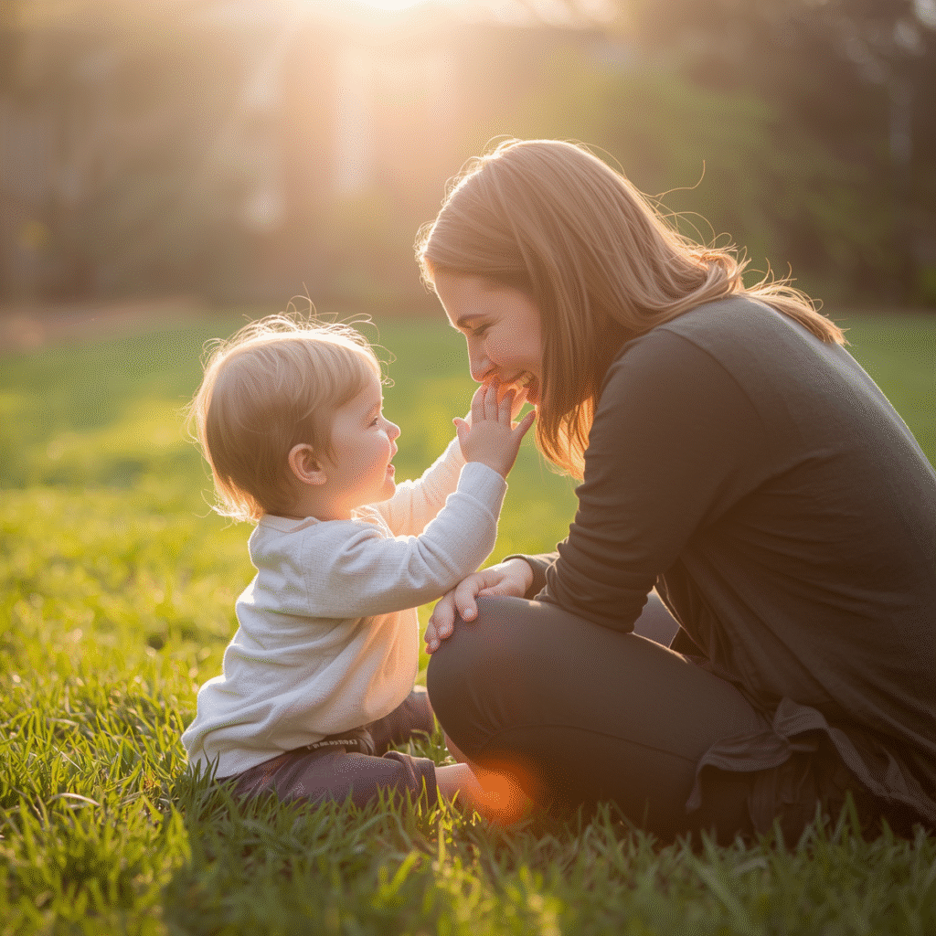 Toddler gently touching a smiling parent’s face with both hands while sitting on grass in golden afternoon sunlight