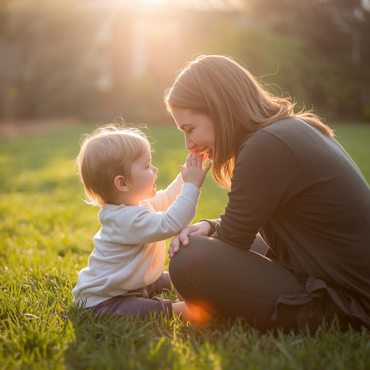 Toddler gently touching a smiling parent’s face with both hands while sitting on grass in golden afternoon sunlight