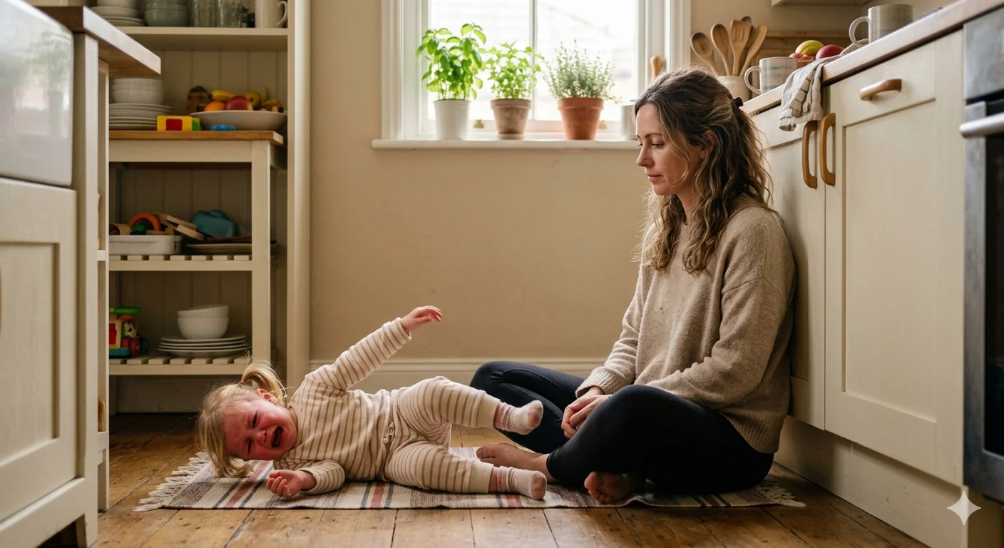 Calm parent sitting with toddler during a tantrum at home