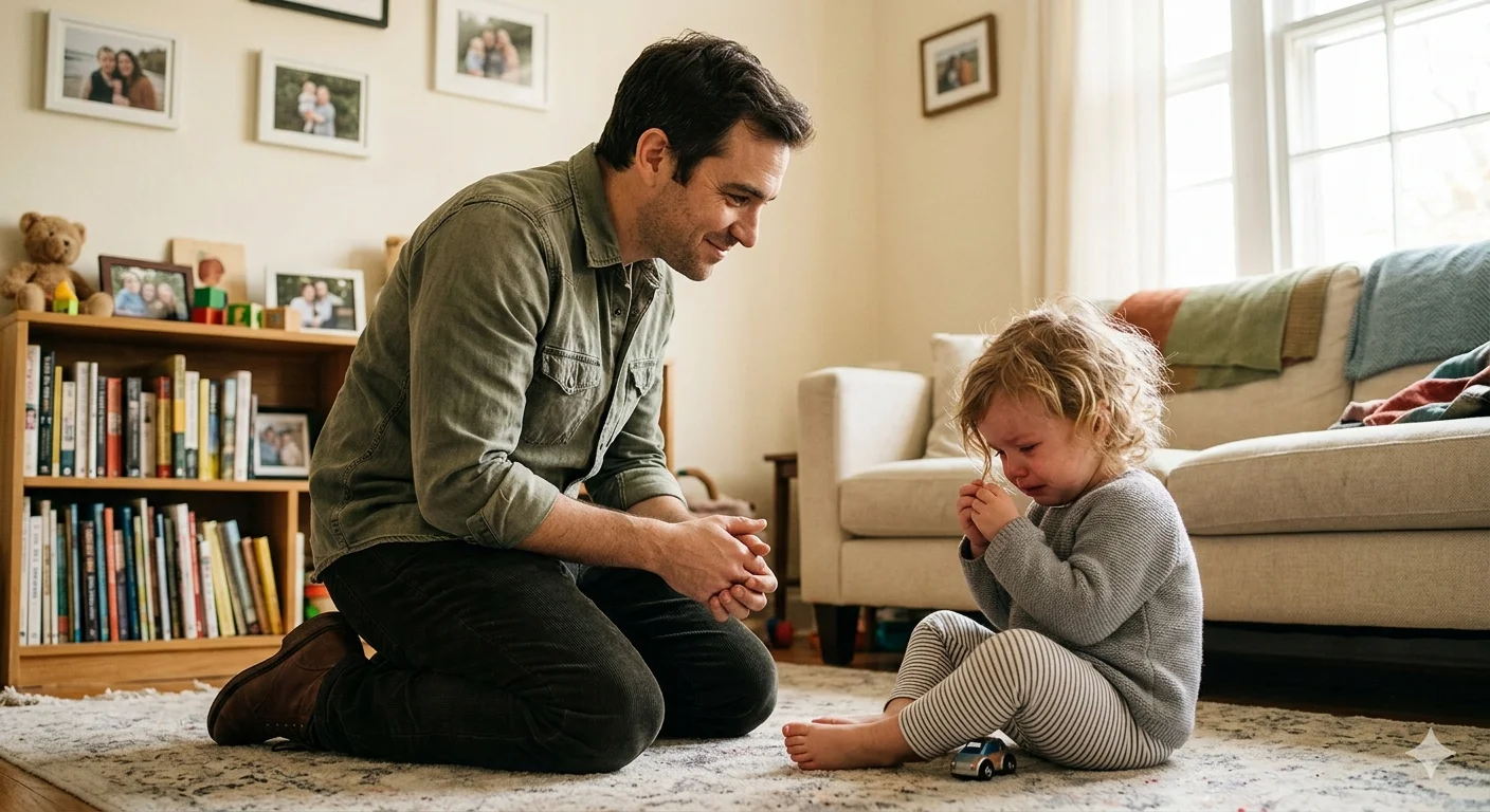 Parent kneeling at toddler eye level during a tantrum showing calm response technique