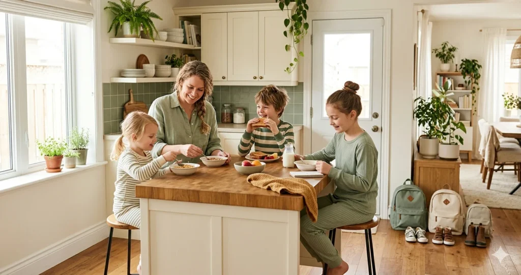 Parent and children in calm Morning kitchen routing